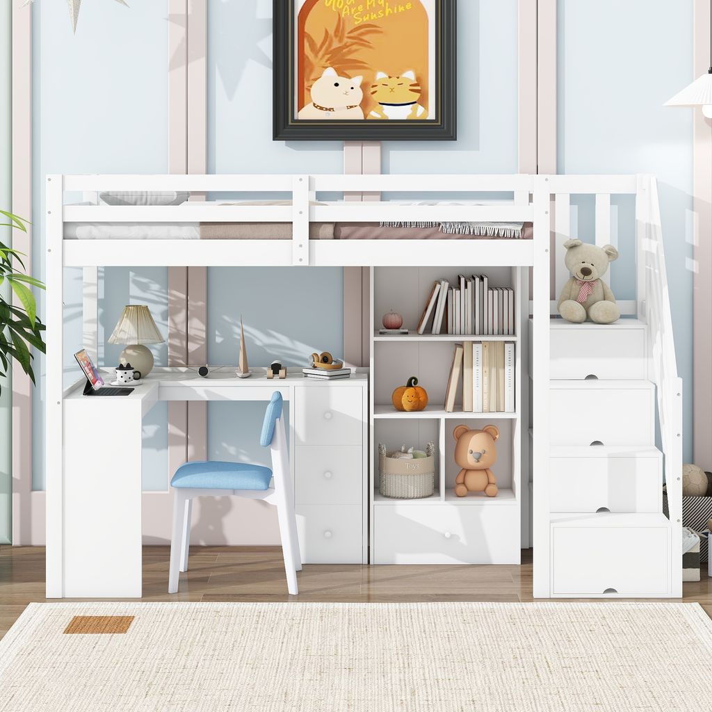 Flieks Etagenbett 90x200cm mit Schreibtisch und Regal, Kinderbett Hochbett mit Treppe und Schubladen, Stockbett Holzbett Einzelbett, Weiß