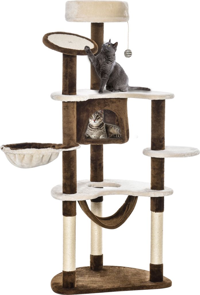 Kratzbaum XXL Katzenbaum 153H cm mit Katzenhöhle Hängematte Kletterbaum für Katzen Plüsch Braun für Spiel & Entspannung, Braun, 65 CM