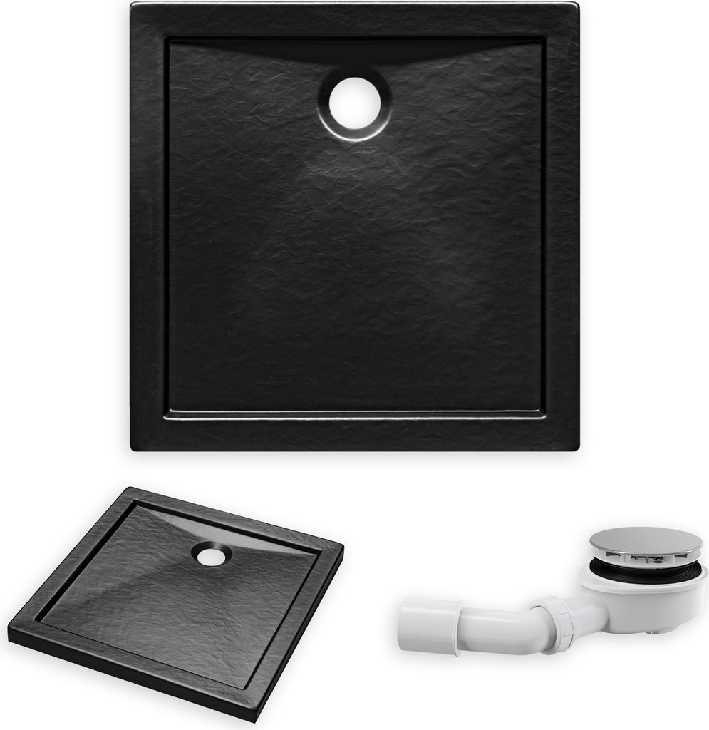 A black square shower tray and a drain fitting are shown against a white background.