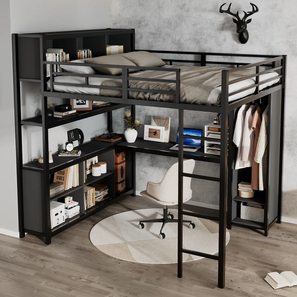 Lit mezzanine avec bureau 140x200 cm noir en fer avec armoire intégrée