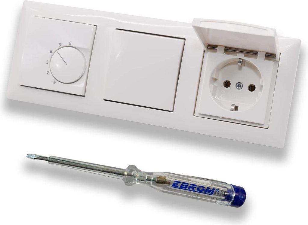 Halmburger UP Raumthermostat Raumtemperaturregler RTR-5510rg in Busch Jäger Balance SI alpinweiß Rahmen + Wechselschalter 2000/6 US + Klappsteckd...