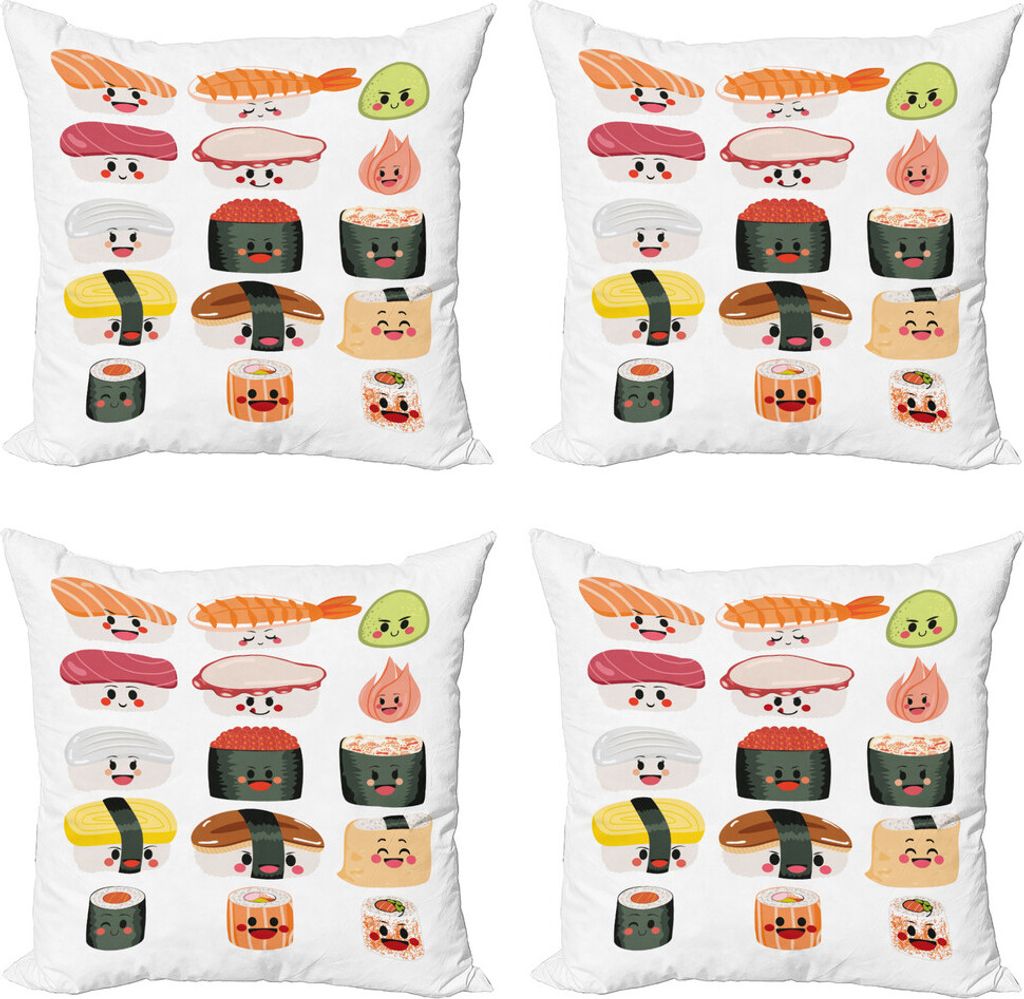ABAKUHAUS Wasabi Kissenbezug Set (4 Stück), Lustige Cartoon-Sushi, Moderner Doppelseitiger Digitaldruck, 40 cm x 40 cm, Mehrfarbig