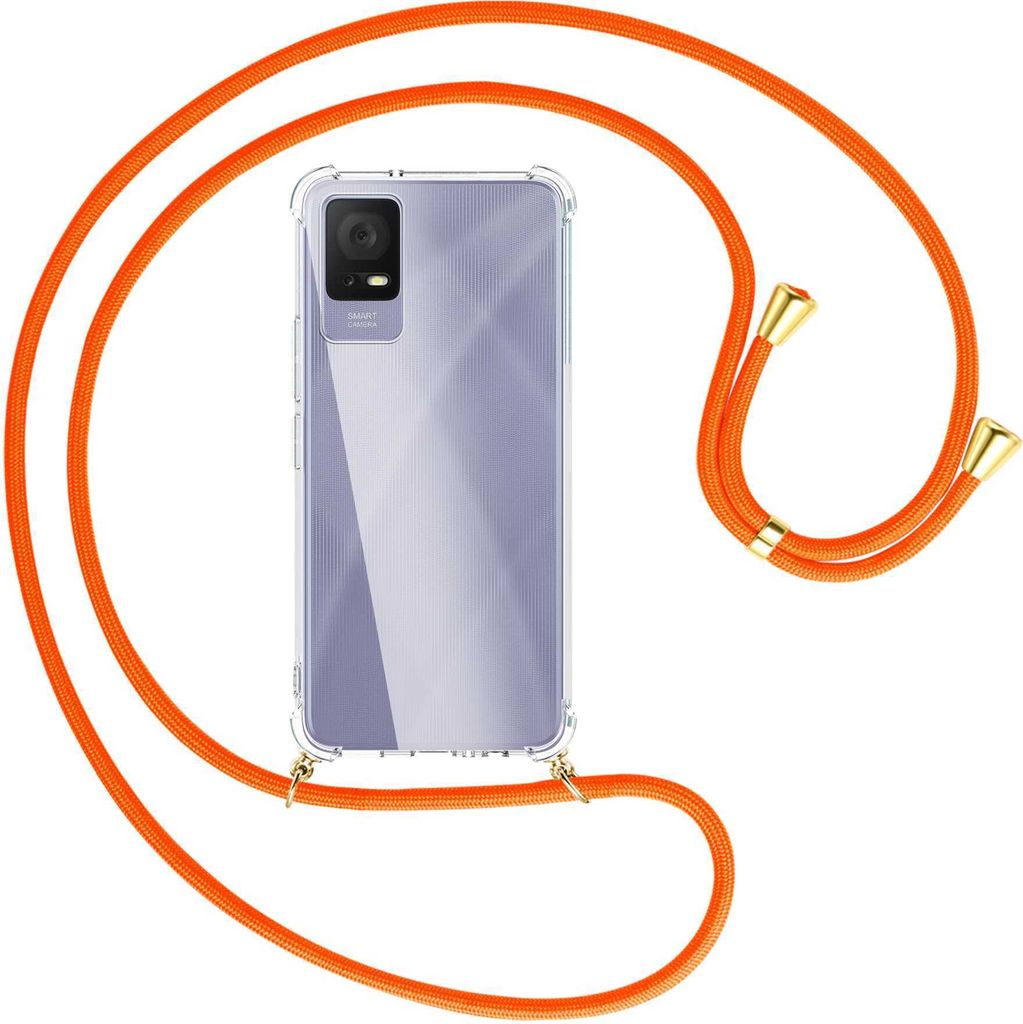 Handykette Backcover-Schutzhülle mit Band (Metall goldfarben) für TCL 405 (T506D, 6.6'') - neonorange