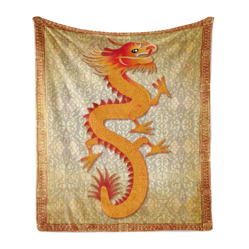 ABAKUHAUS Coperta morbida in flanella e pile con motivo drago, elementi folcloristici cinesi, morbida e confortevole per interni ed esterni, 125 x 175 cm, arancione vermiglio albicocca - 1