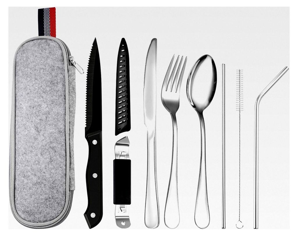 Campingbesteck Set für unterwegs, 9-teilig, Edelstahl mit Tragetasche (Silber)
