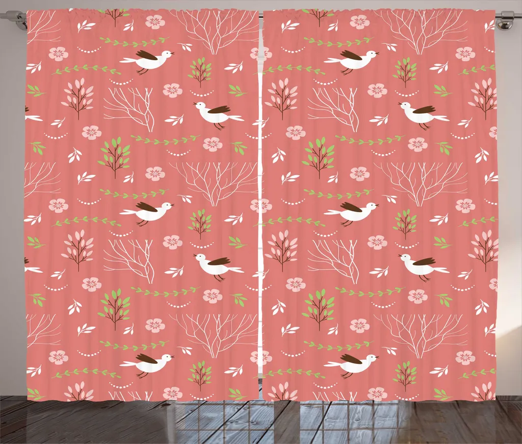 Rideau rustique forêt ABAKUHAUS avec oiseaux, 280 x 225 cm, blanc corail