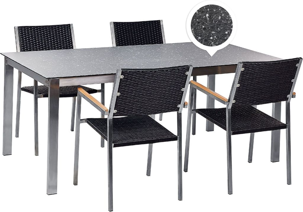 BELIANI Gartenmöbel Set 7-Teilig Schwarz Edelstahl 4 Stühle Rattan Tisch 180x90cm Sicherheitsglas Keramik Gartenausstattung Terrasse Outdoor Indoor