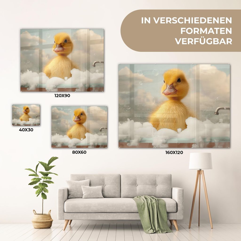 MuchoWow Glasbilder - Bilder auf Wandbild - Foto auf Glas Küken - Ente - Bad - Schaumstoff - Tiere 80x60 cm Wanddekoration aus Glas - Acrylglasbil...