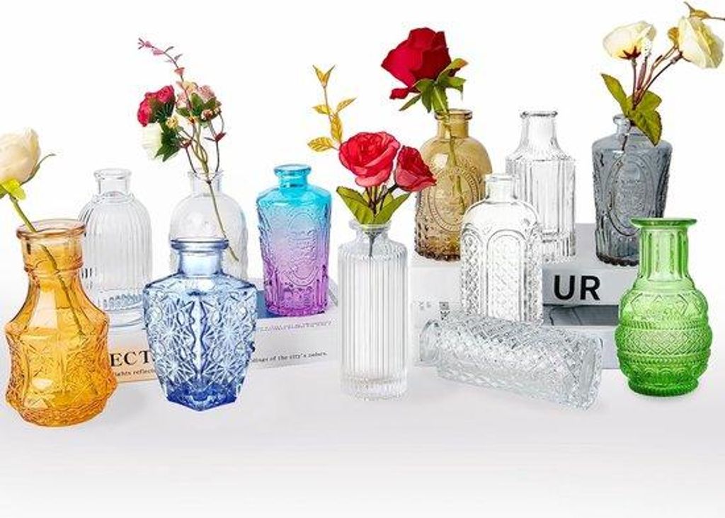 Mini Glasvasen Set 12, kleine Tischdekoration, Outdoor, Geschenk für Wohnzimmer, Bad, Geburtstag, Hochzeit, Gartenfest, Muttertag, Vintage, Glas