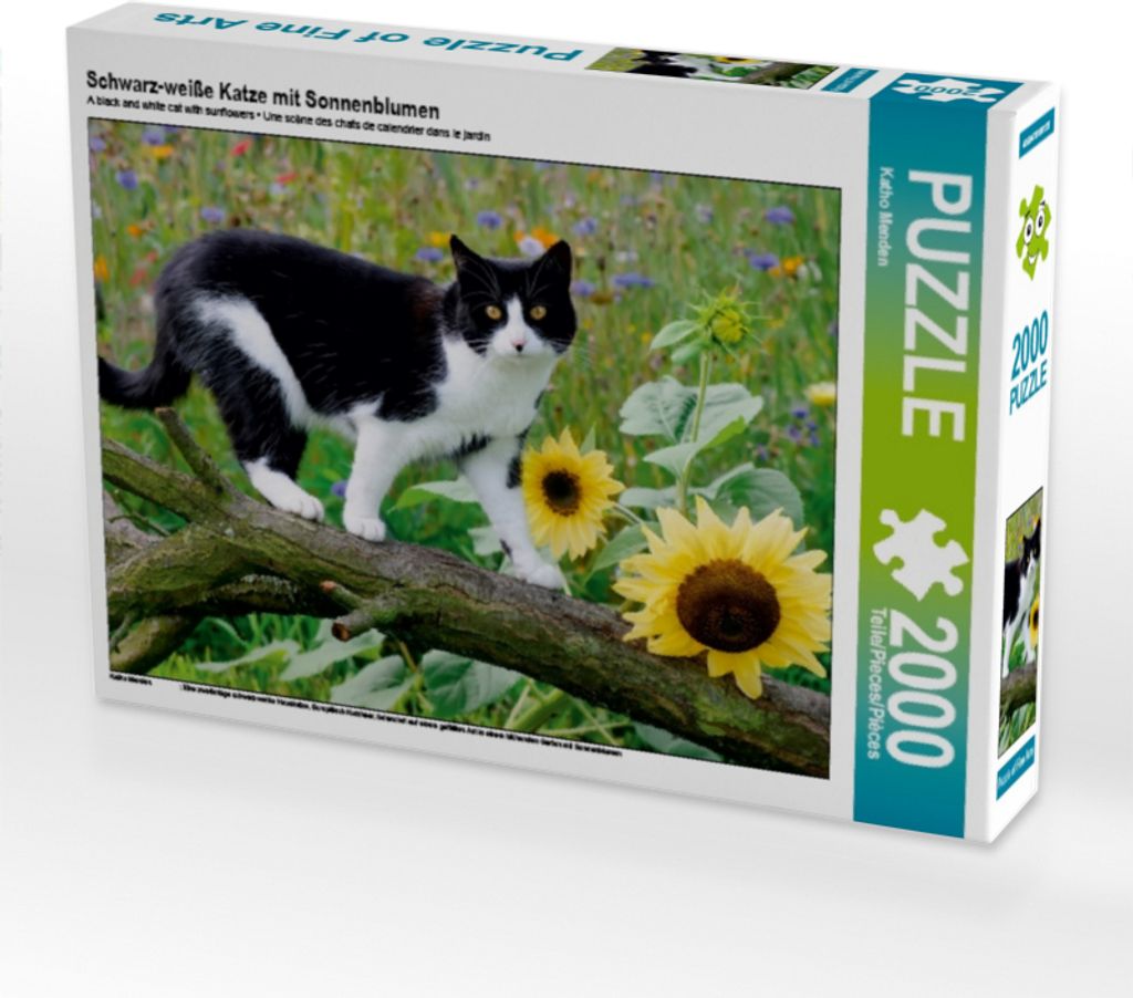 Calvendo Schwarz-weiße Katze mit Sonnenblumen 2000 Teile Puzzle quer 900x670mm, Menden Katho; 7396472