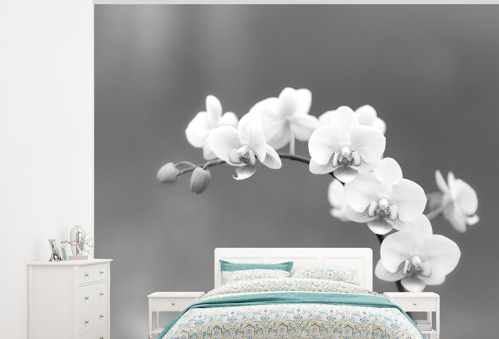MuchoWow Fototapete für Wohnzimmer oder Schlafzimmer Wandtapete Vinyl Motivtapete Orchidee - Blumen - Pflanze - Weiß - Lila - 300x240 cm