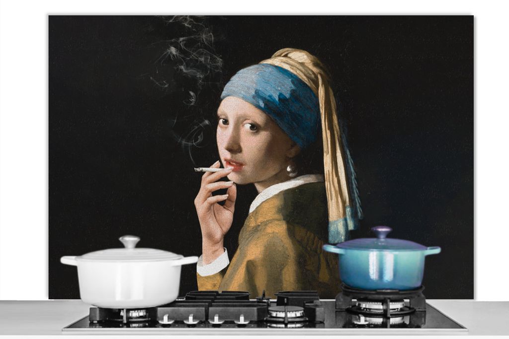 KitchenYeah Spritzschutz Küche - Küchenrückwand - Wandschutz für Herd und Spüle - Das Mädchen mit dem Perlenohrring - Vermeer - Zigaretten ...