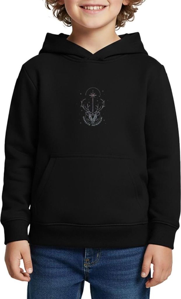 Spreadshirt Harry Potter Hirsch Expecto Patronum Kinder Premium Hoodie, 134/140 (8 Jahre), Schwarz
