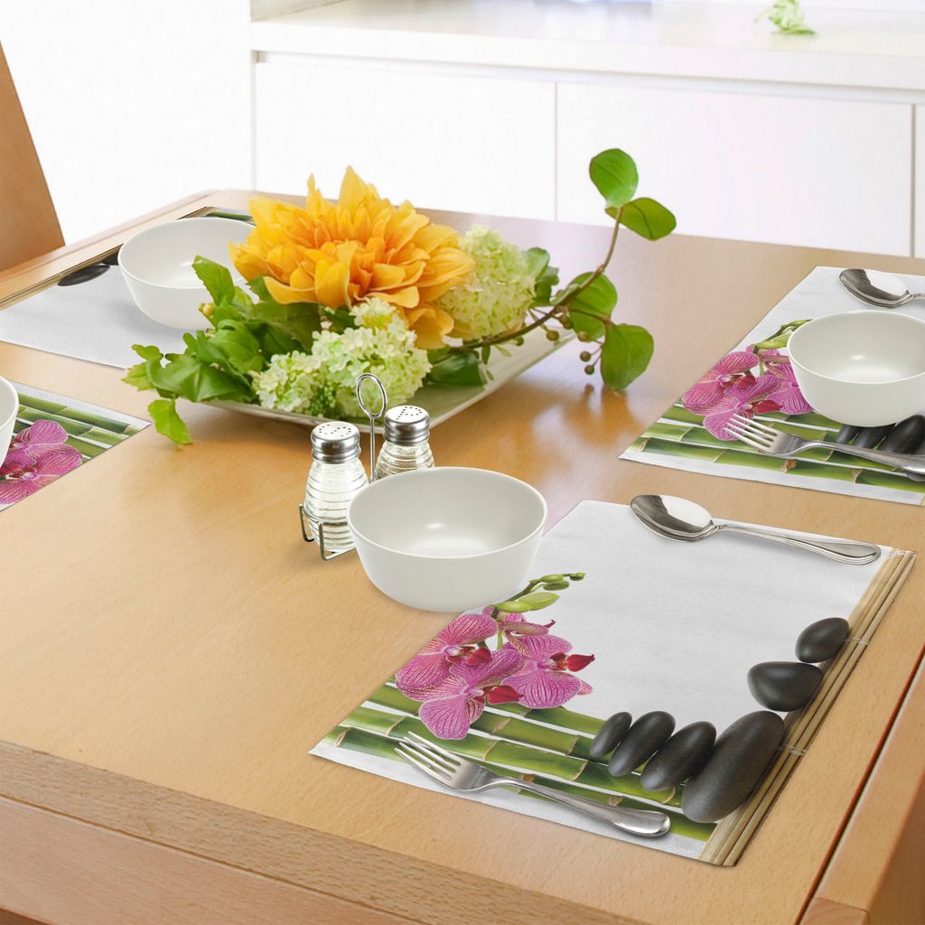 ABAKUHAUS Spa Platzmatten, Schöne rosa Orchidee mit Bambus und schwarzem Hot Stone Massage Bild drucken, Tiscjdeco aus Farbfesten Stoff für das E...