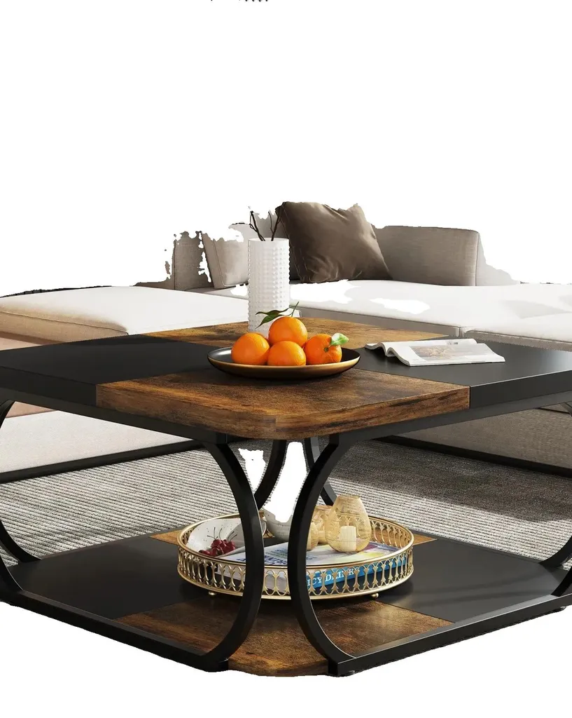 Grande table basse de salon noire 2 niveaux pour apéritif et rangement