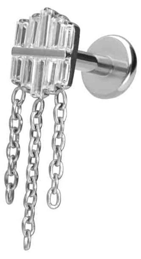 Ohrpiercing, Nasenpiercing Titan Labret mit Push Fit KRISTALLSCHILD + 3 KETTEN Silber Stablänge: 7mm | Stabstärke: 1,2mm