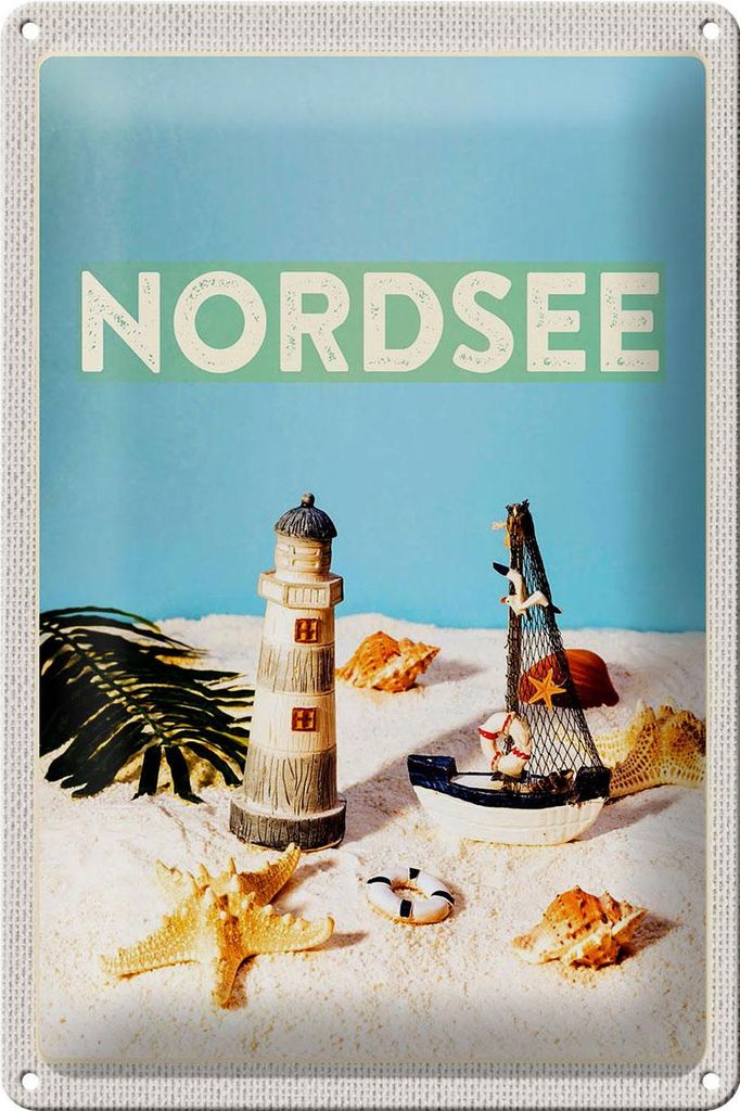 Blechschild Reise 20x30cm Nordsee Leuchtturm Strand Seestern