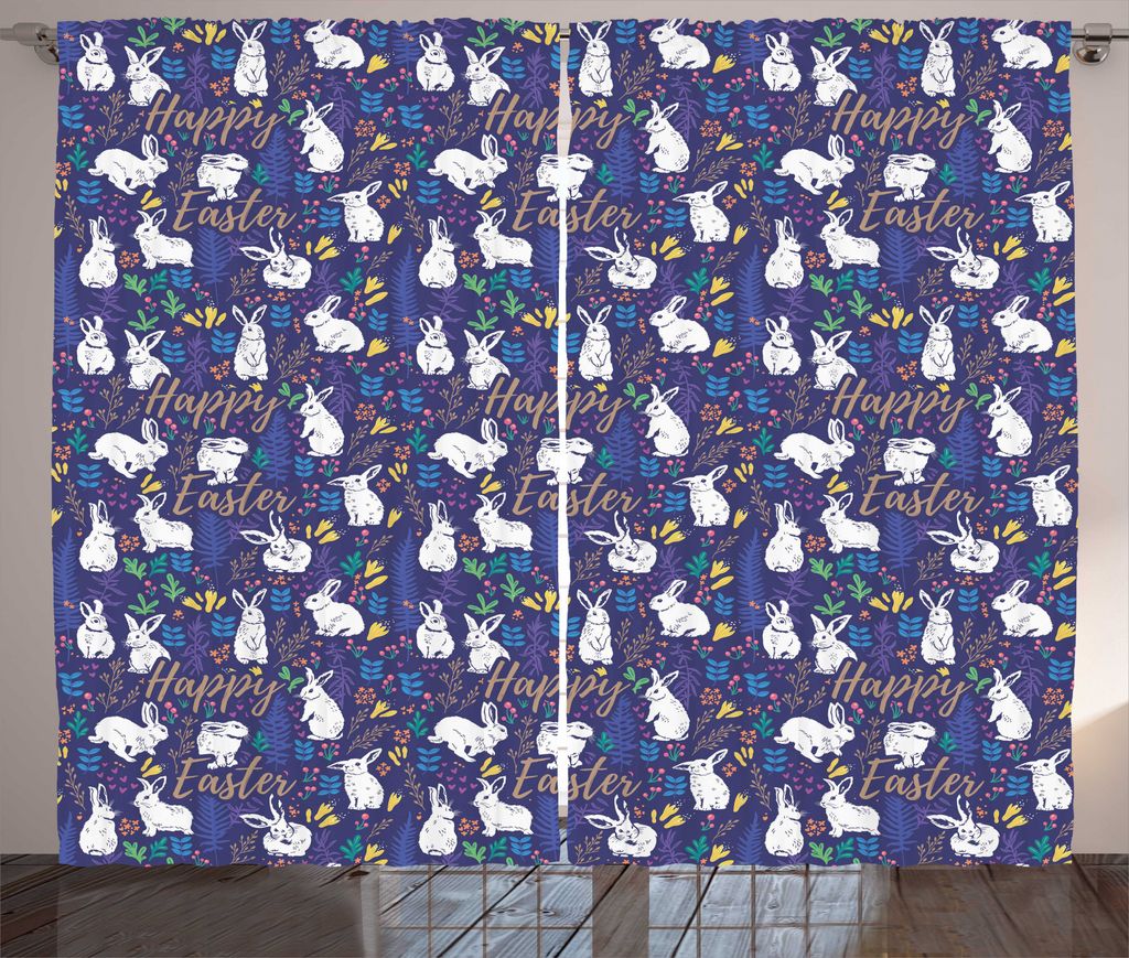 ABAKUHAUS Ostern Rustikaler Gardine, Floral Bunnies Poses, Wohnzimmer Universalband Gardinen mit Schlaufen und Haken, 280 x 225 cm, Mehrfarbig