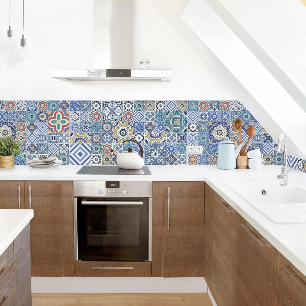 Küchenrückwand Muster selbstklebend - 0.65 mm Wandpaneel wasserfest Design blau Fliesenoptik Illustration Spritzschutz fugenlos
