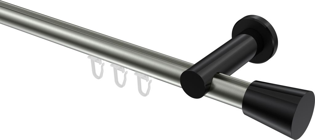 Interdeco Innenlaufstange / Gardinenstange mit Innenlauf Edelstahl-Optik / Schwarz, Typ Platon Sitra (Konus), 20 mm Ø 1-läufig, 280 cm