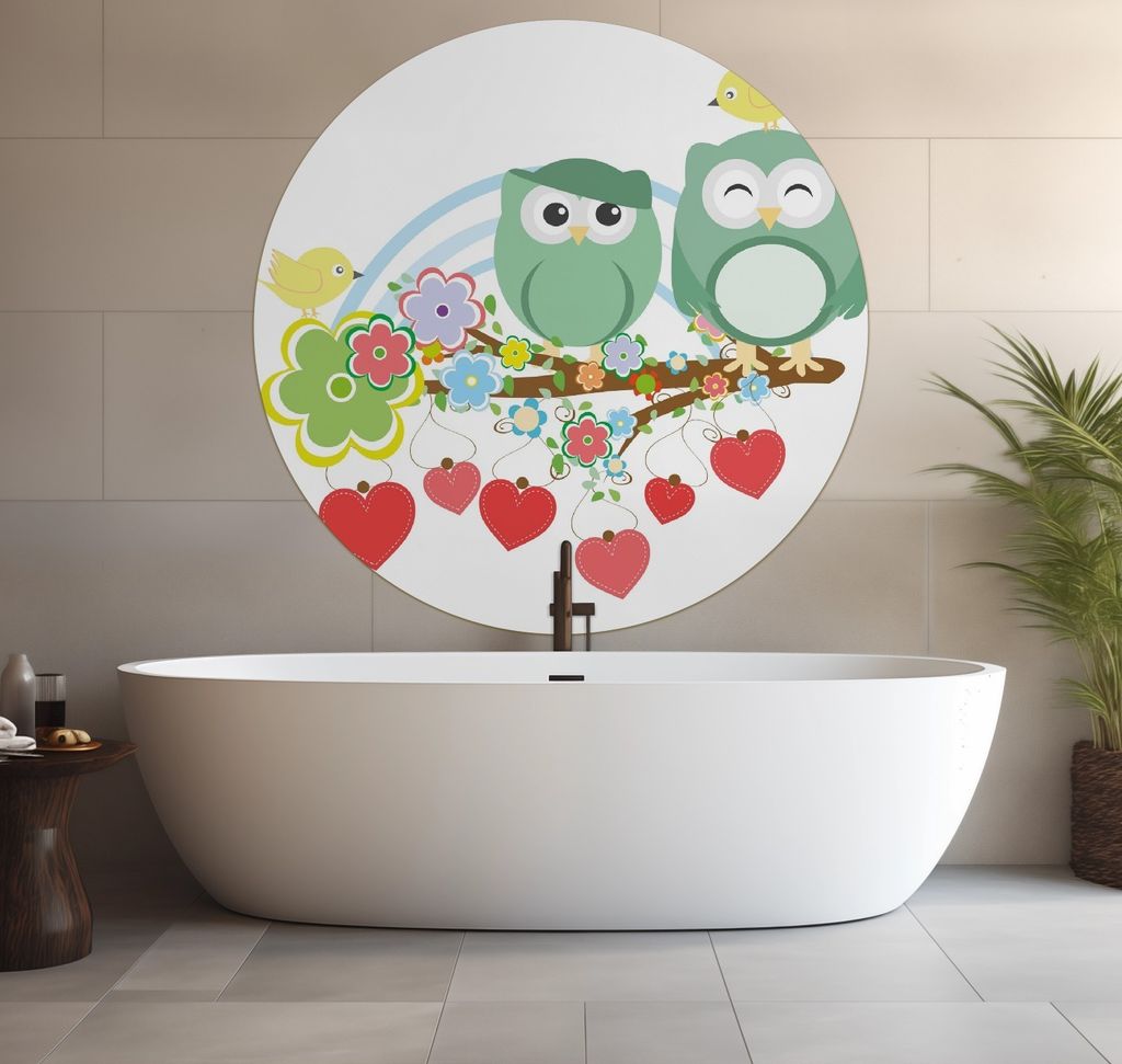 Wallario wasserfestes Poster selbstklebend 120 x 120 cm, Bunte Eulen mit kleinen Vögeln auf dem Ast, Badezimmerposter Spritzschutz mit Hochglanzob...