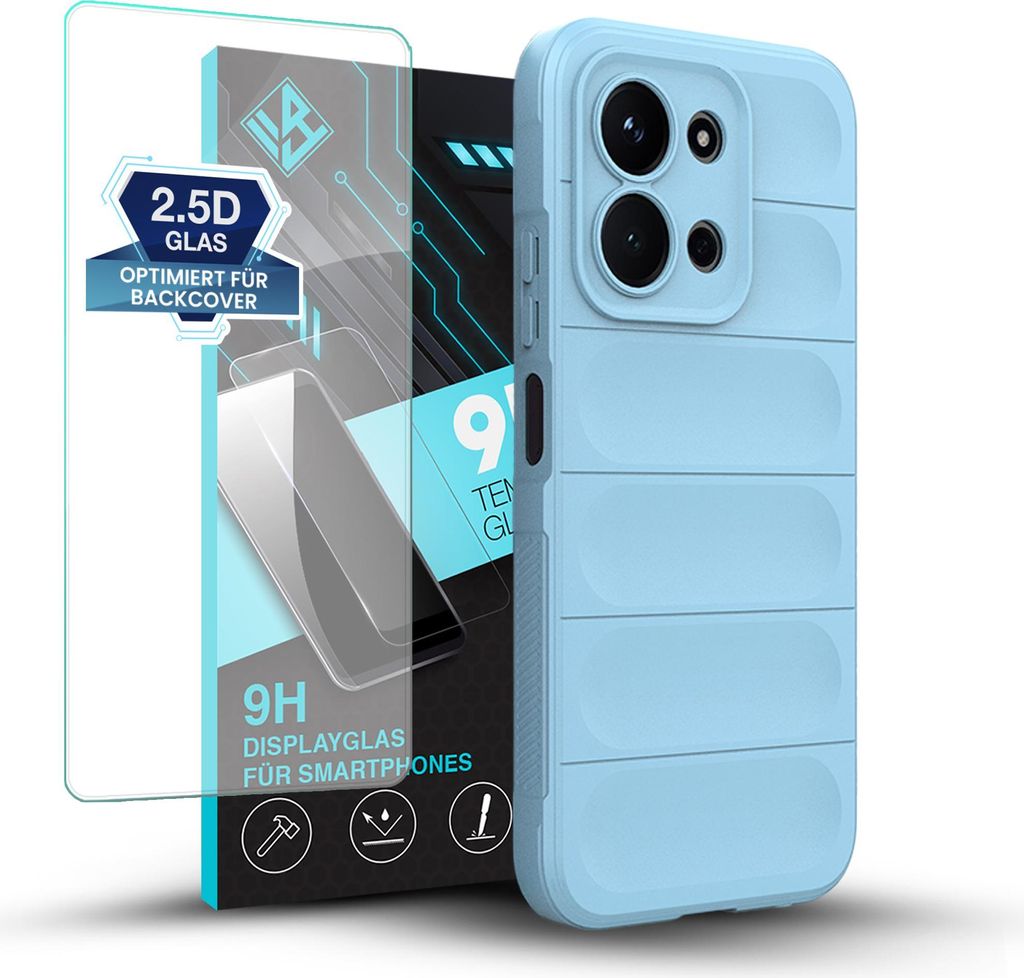 Handy Hülle für Xiaomi Redmi 15C mit 9H Displayglas Displayschutz Plus Grip Case Cover Schutzhülle Softgrip Farbe: Hellblau