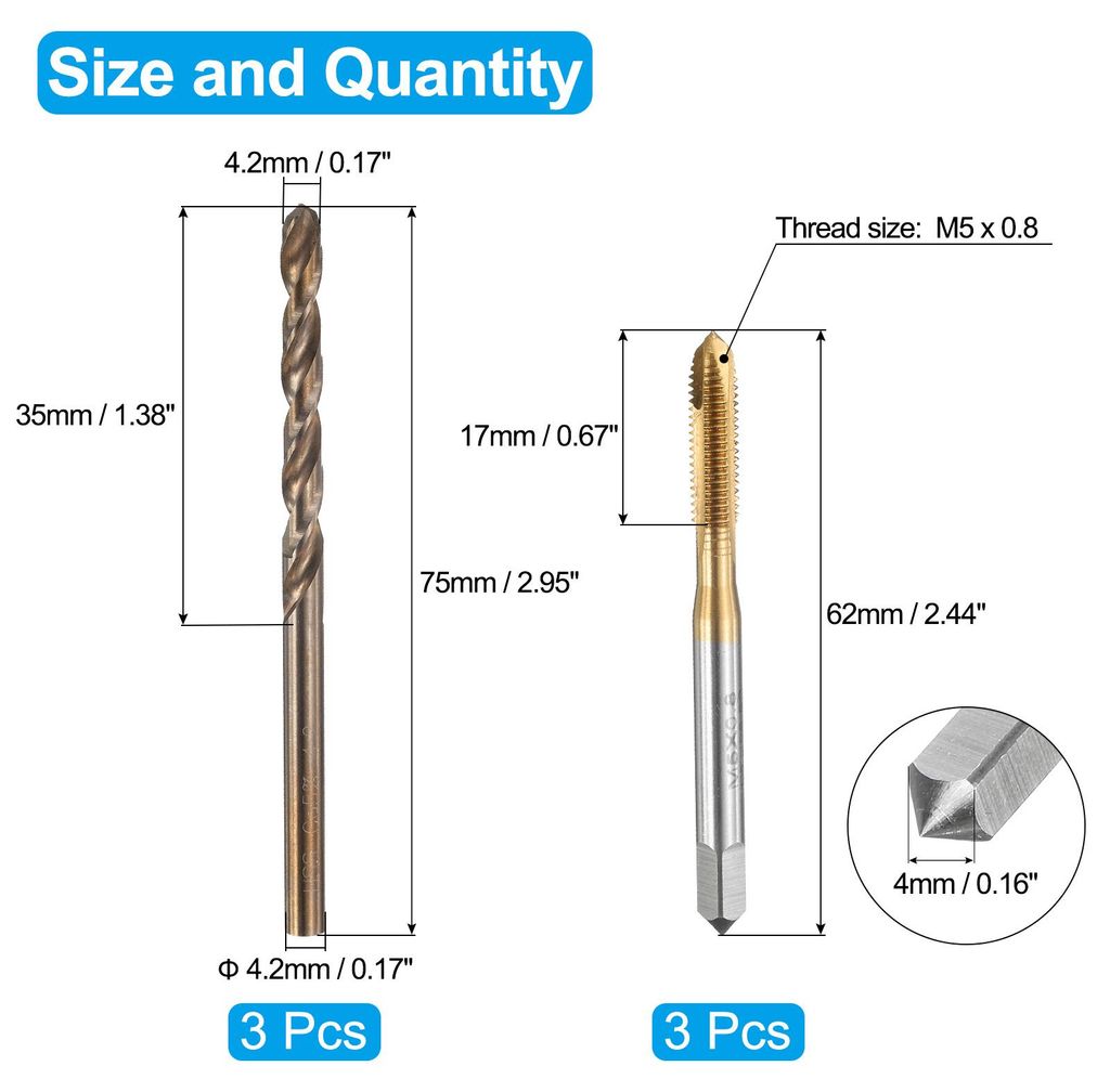 Gewindebohrer Set, 3 Stš¹ck M5 x 0,8 Metrische Spiralpunktgewindeschneidbohrer & 3 Stš¹ck 4,2mm Spiralbohrer, Titanbeschichtet/R?stgelb HSS 654...
