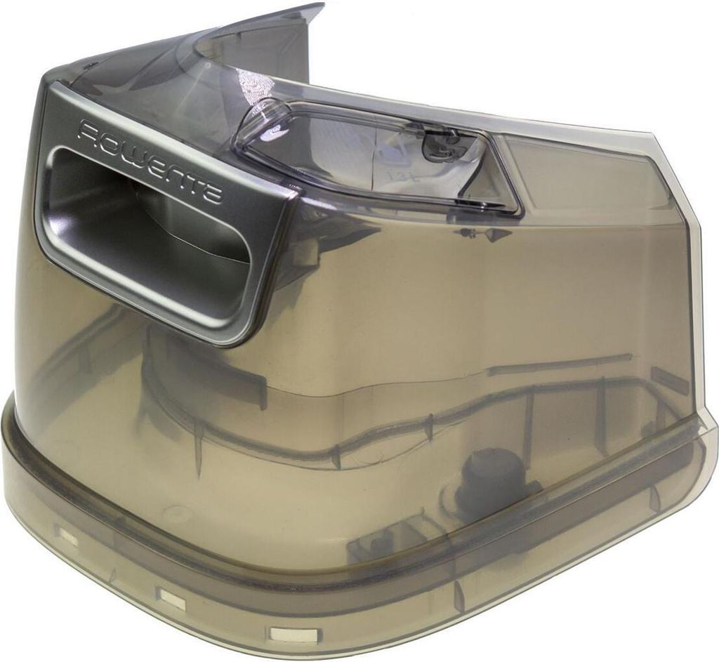A close-up studio shot of a transparent water tank with a gray handle and branding.