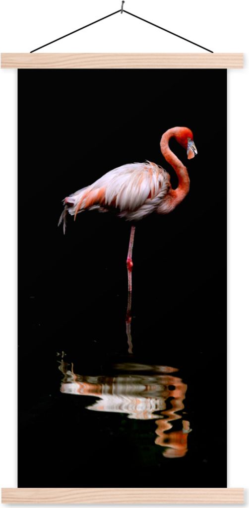 MuchoWow Textilposter Zwei Flamingos stehen im Wasser 60x120 cm mit holzfarbenen Rahmen - Holz