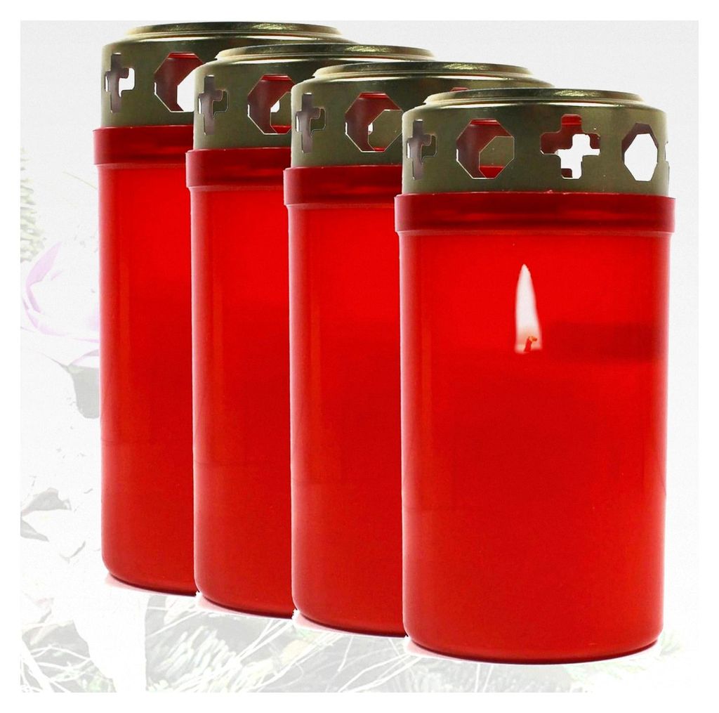 4er Set Grabkerzen mit Deckel - Rot - Brenndauer 54 Std - Trauerlicht für den Friedhof