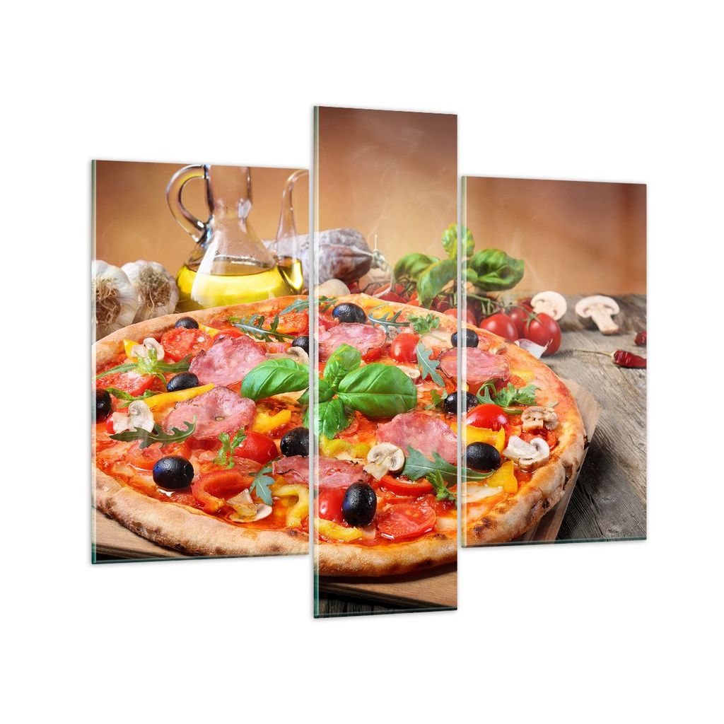 Bilder auf glas - Pizza Käse Tomaten - 95x80cm - Glasbilder - Wandbilder - Kunstdruck - zum Aufhängen bereit - Wanddekoration aus Glas - Glas Bil...