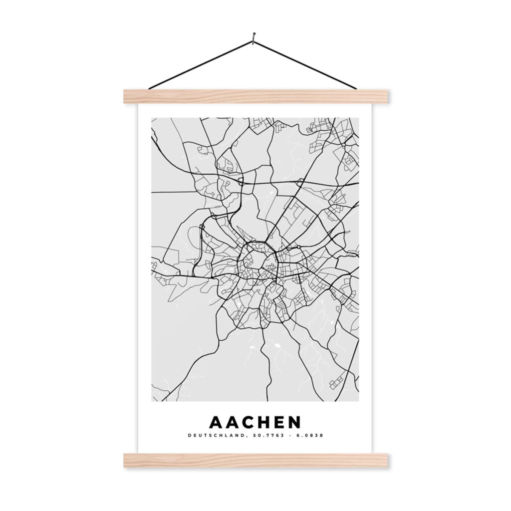 MuchoWow Textilposter Aachen - Stadtplan - Deutschland - Karte 120x180 cm mit holzfarbenen Rahmen - Textil-Plakat