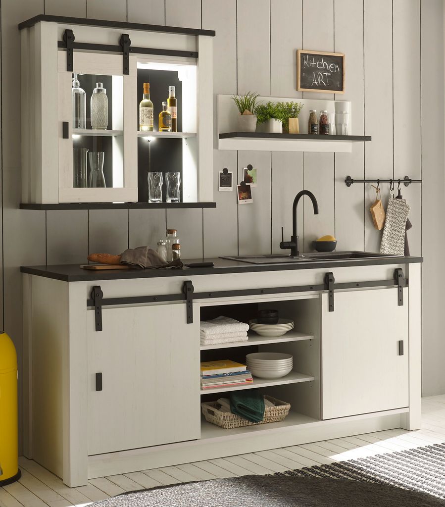 Küche "Stove" in weiß Pinie und anthrazit Küchenschrank Set 3-teilig