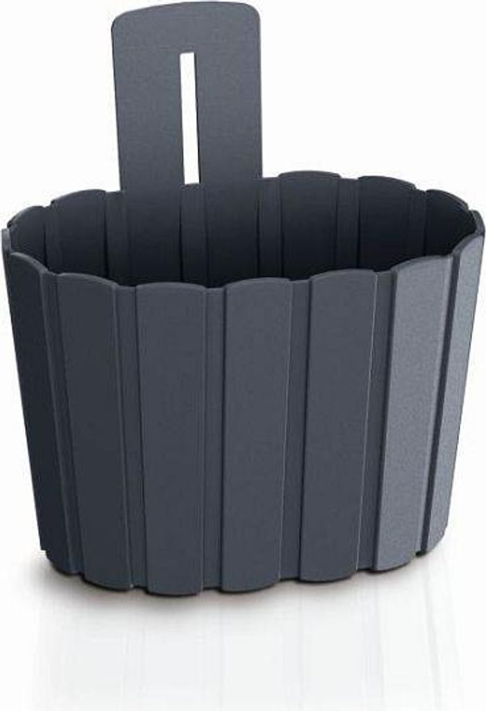 A dark gray, fluted planter pot with a hanging attachment is shown against a white background.