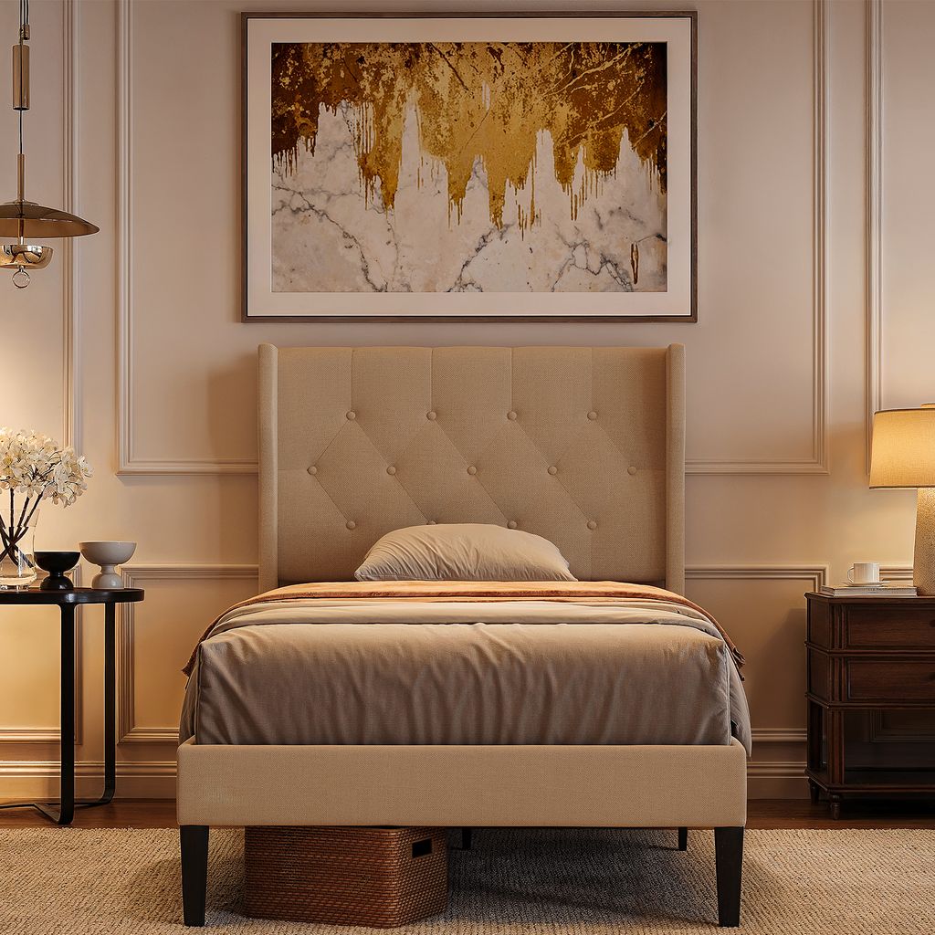 A bedroom scene with a bed, nightstand, and artwork.