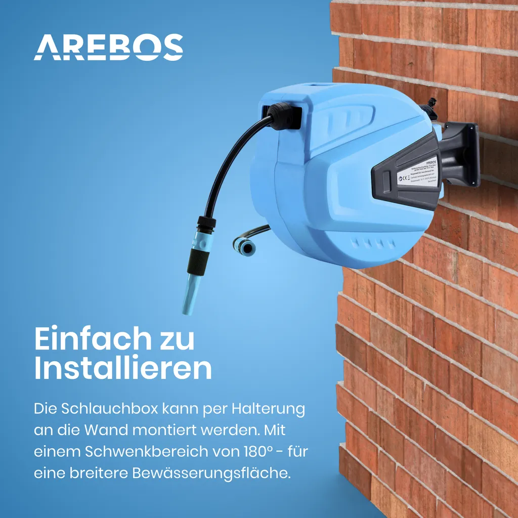 AREBOS Enrouleur de tuyau de jardin 30m pivotant avec support mural bleu