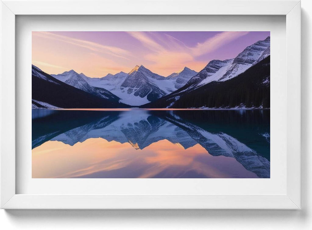 Berg- und Seenlandschaft am Abend– Wandbild mit Rahmen – Gerahmtes Bild – Wanddekoration – 30x20 cm – Weiß Rahmen