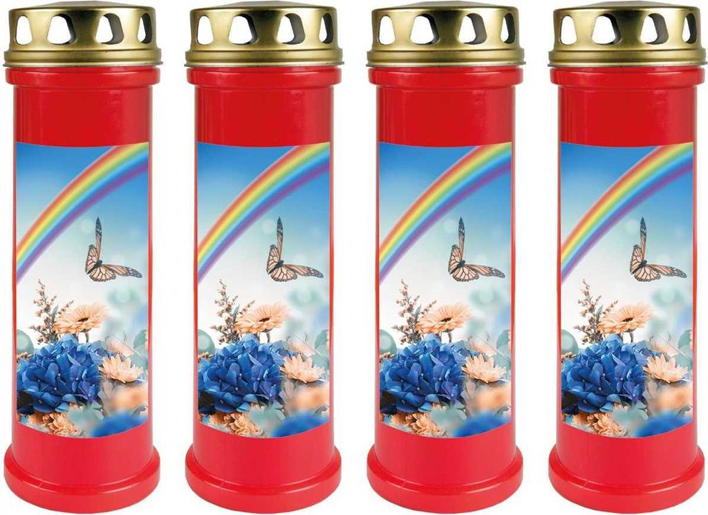 Grabkerze Rot 4er Pack, Brenndauer: 100 Stunden ( je Kerze ), Motiv: Regenbogen