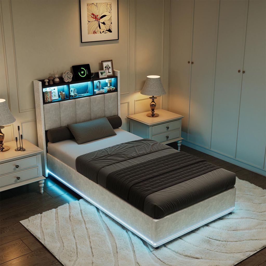 UnboxG Hydraulisches Einzelbett 90×200 cm Weiß, Polsterbett aus Samt mit Stauraum, LED-Kopfteil & LED-Bettumrandung, USB & Type-C