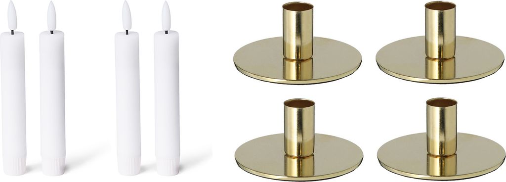 Novaliv 4er-Set Stabkerzenhalter Metall GOLD 10x5cm mit LED Kerzen flammenlose Stabkerzen elektrisch batteriebetrieben Home Deko weihnachtliche Tis...