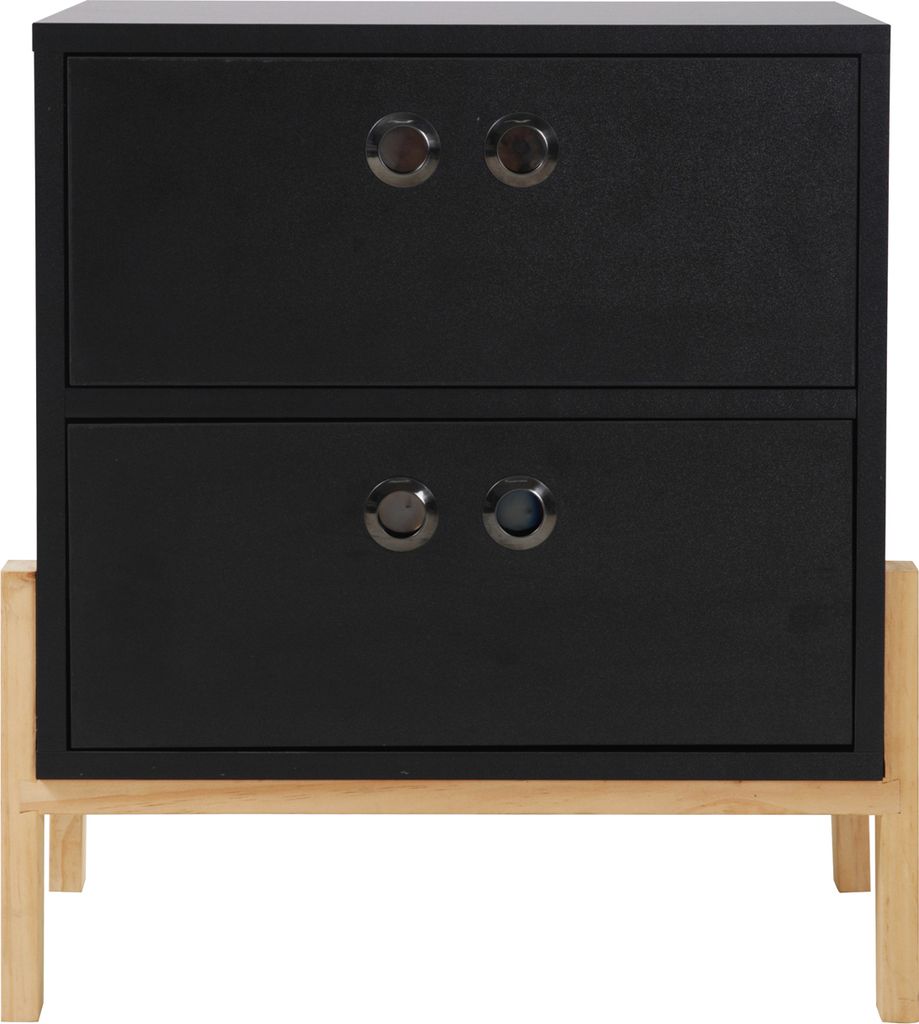 Möbilia Kommode mit 2 Schubladen | MDF schwar | Beine Pinienholz natur | B 50 x T 35 x H 55 cm | 28020031 | Serie KOMMODE