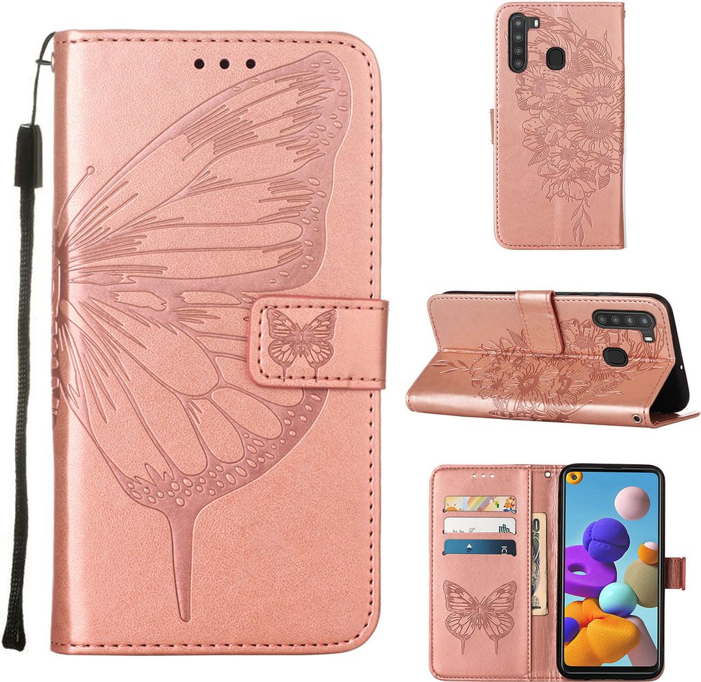 Galaxy A21 Hülle, Schmetterling Prägung Flip Leder Kartenfächer Schutzhülle Ledertasche mit Ständer für Samsung Galaxy A21 Roségold