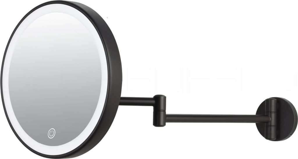 A black LED makeup mirror mounted on an adjustable arm against a white background.