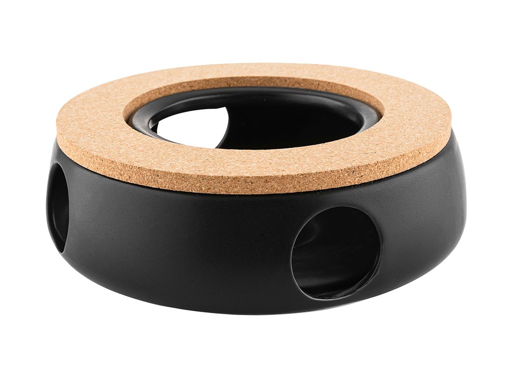 A black ceramic warmer with a cork top and circular openings on the sides, isolated on a white background.