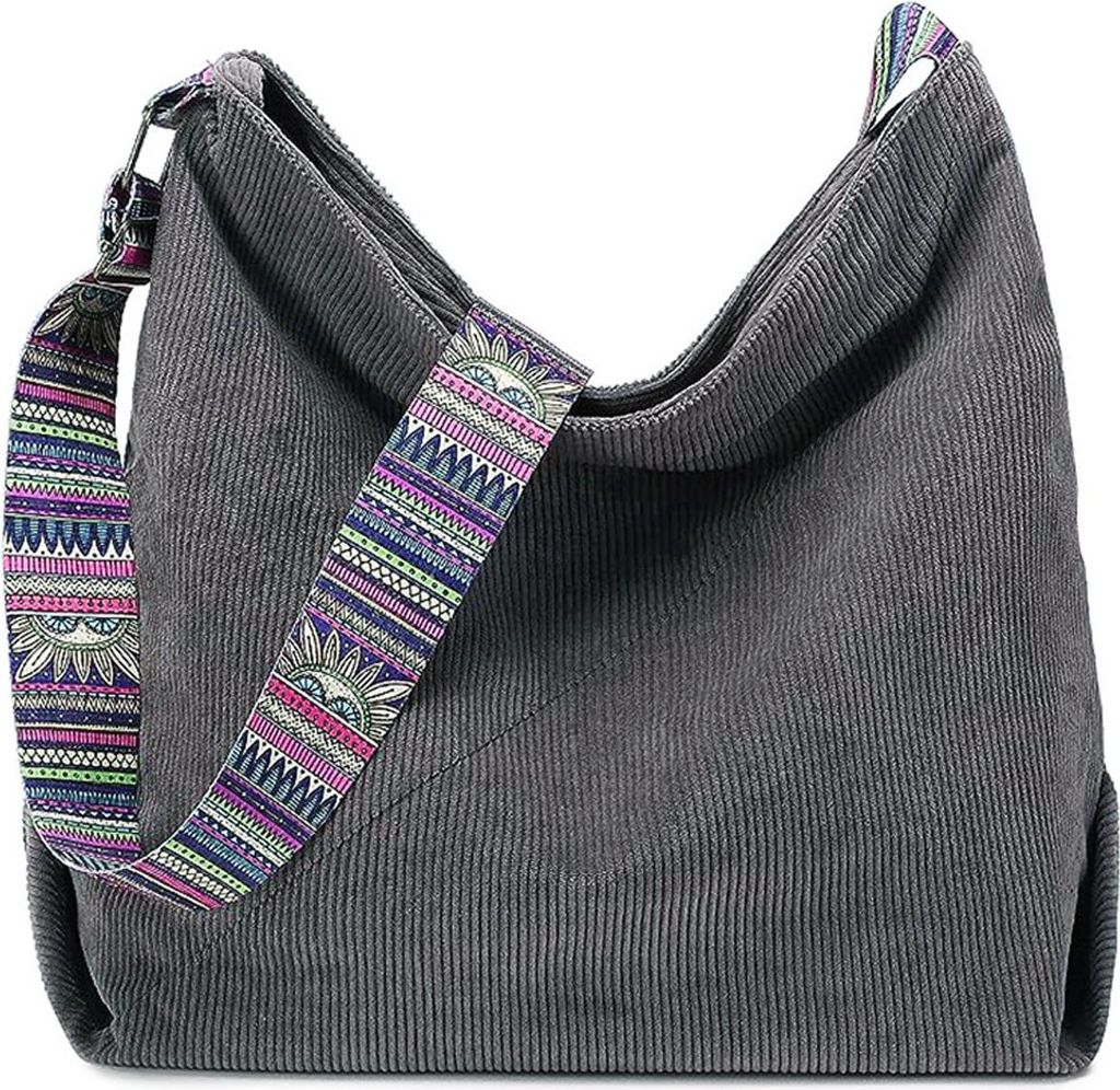 OKWISH Umhängetasche Damen Groß Cord Tasche Damen Handtasche Shopper Damen Henkeltasche für Uni Arbeit Mädchen Schule Grau