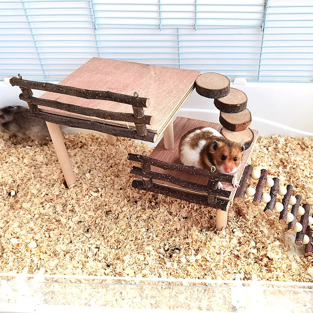 Jouet d'exercice pour hamster avec maisonnette et échelle de bois brut - 3