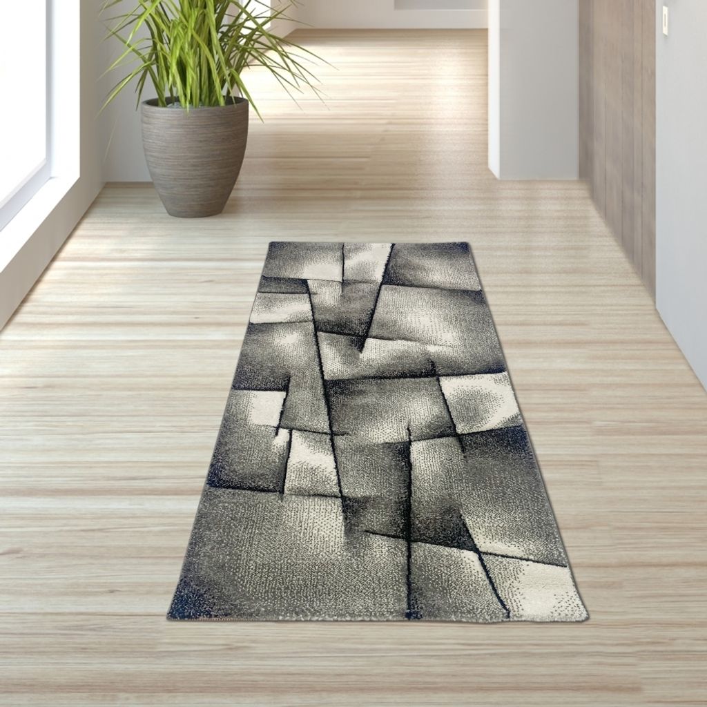 Designer Teppich mit Konturenschnitt Karo Muster Grau Schwarz Weiss Größe - 80 x 150 cm