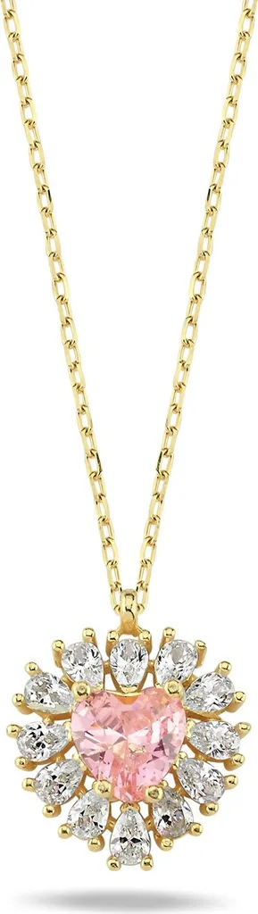 Bijou Collier en Argent 925 Pendentif Cœur Doré et Oxydes Roses 45cm