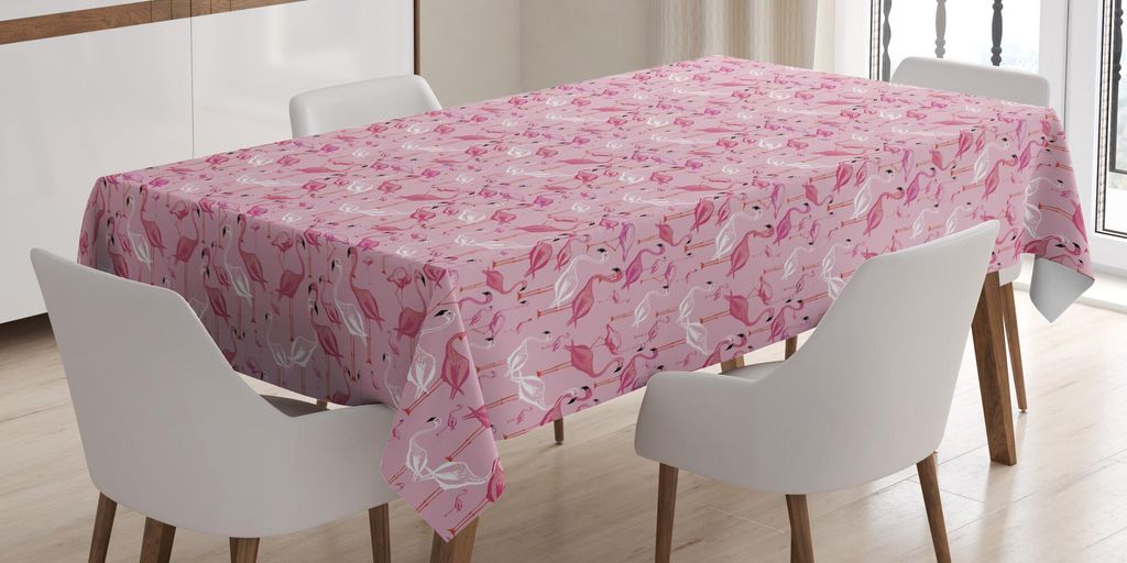 ABAKUHAUS Flamingo Tischdecke, Hand gezeichnete Tiere in Pinkish Töne Exotische Tiere Tropical Wild Birds, 140 x 240 cm, Rosa Blassrosa und Weiß