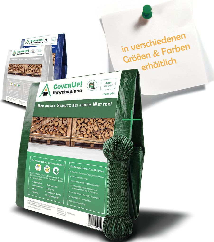 CoverUp! (4x6m) Abdeckplane Wasserdicht - Farbe: Grün, 120g/m², Gewebeplane mit Ösen, Verstärkte Gummiecken - für Gartenmöbel, Bauplane inkl ...